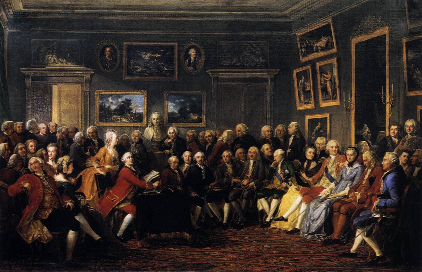 A Reading in the Salon of Mme Geoffrin" by Anicet Charles Gabriel Lemonnier